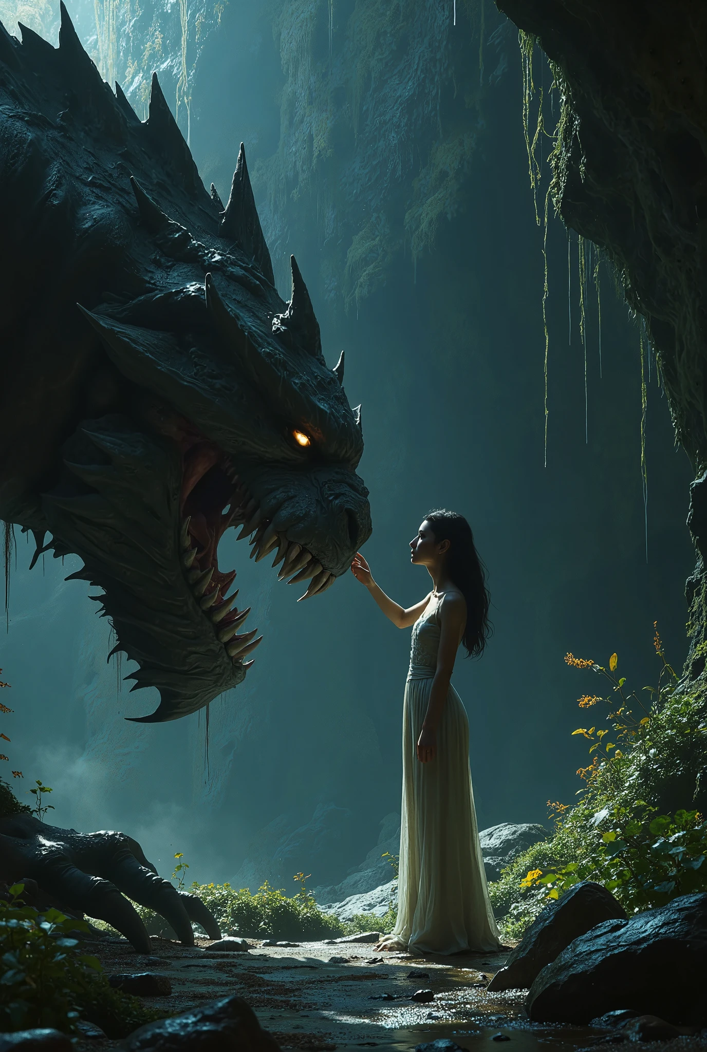  Beautiful Girl Standing , extends his hand, Strokes the Monster's Head ,  Stand In Front Of Each Other Face To Face ,  Monster Description Big Jaw , sharp teeth, fangs, scales,  Huge Serpentine Eyes ,  Jaw Open ,  Background Dark Cave ,  Where Water Is Like Condensation Flows Down The Walls, Moss Grows ,  Different Herbs Small ,  Very Clear Focus on Girl and Monster , detailed picture,  Dark Fantasy Style , cinematography, Complex Processing, Beautiful details,  Very Rich Colors , Dark atmosphere, Game of Shadows, 16K,  Beautiful Light Transmission , masterpiece, not NSFW, Close-up Of The Girl And The Monster ,