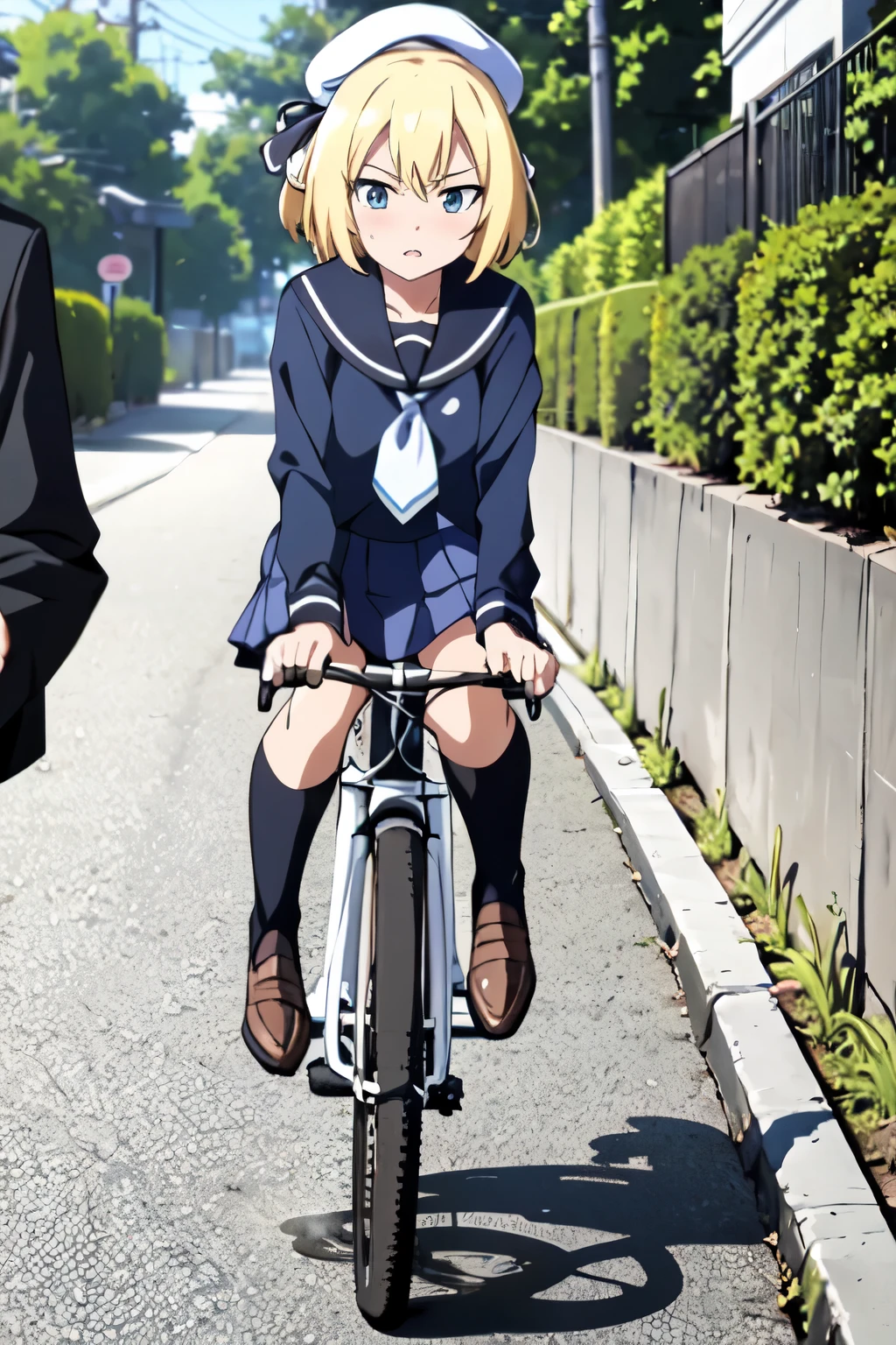 anime girl in a blue hat and school uniform riding a bicycle, the anime girl is running, in style of kyoto animation, anime visual of a cute girl, anime cgi style, kyoto animation, young anime girl, smooth anime cg art, anime girl walking on water, kyoto animation still, anime style. 8k, sayori, anime moe artstyle