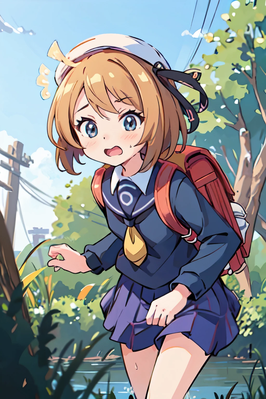 anime girl in a blue hat and school uniform riding a bicycle, the anime girl is running, in style of kyoto animation, anime visual of a cute girl, anime cgi style, kyoto animation, young anime girl, smooth anime cg art, anime girl walking on water, kyoto animation still, anime style. 8k, sayori, anime moe artstyle