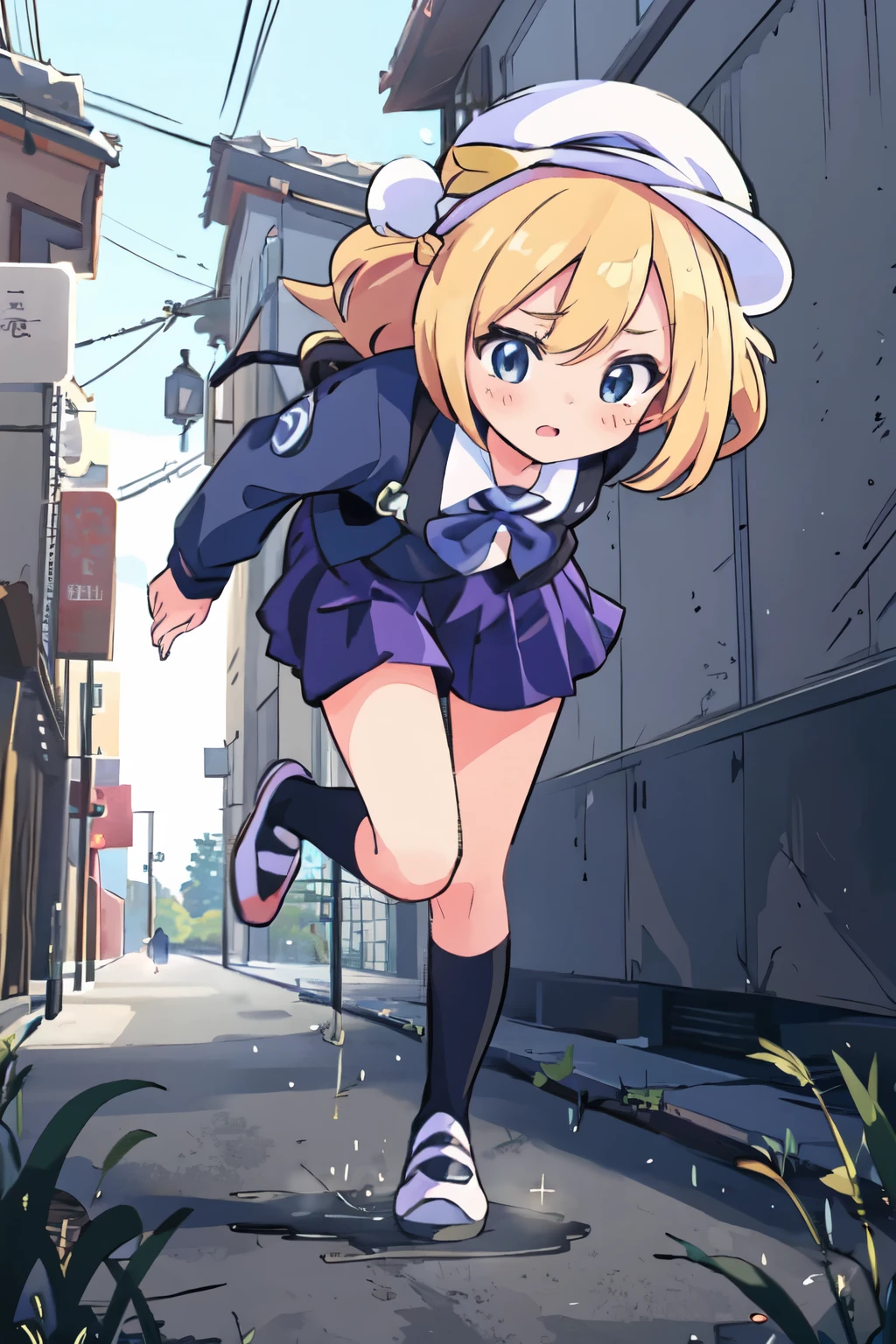 anime girl in a blue hat and school uniform riding a bicycle, the anime girl is running, in style of kyoto animation, anime visual of a cute girl, anime cgi style, kyoto animation, young anime girl, smooth anime cg art, anime girl walking on water, kyoto animation still, anime style. 8k, sayori, anime moe artstyle