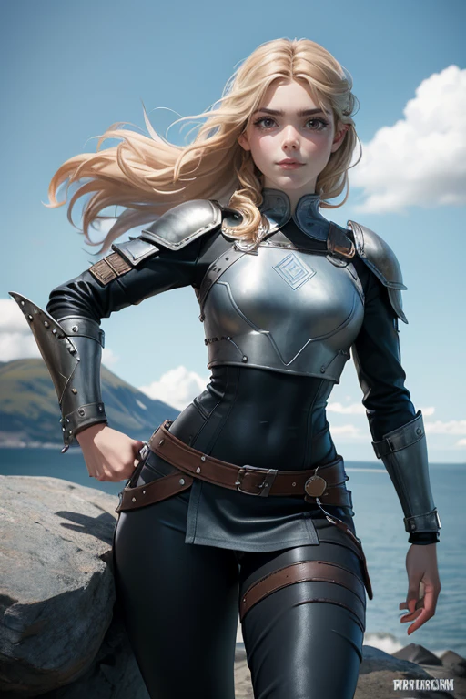 An illustrated movie poster, hand-drawn, full color, a viking 22 years old shield-maiden girl, runners slim body, thin face, wearing a typical female warrior armor costume, mainly leather with metal bits, heavy leggings and boots , she has pale skin, freckles, blue-grey eyes, light blonde long braided hair, waist-length hair, posing on a rock, hard shadows, graphite shading, stencil marks, airbrushed acrylic paint, masterpiece, in the style of Vikings series, Norwegian Fjord in the background