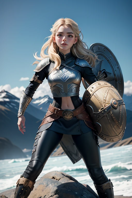 An illustrated movie poster, hand-drawn, full color, a viking 22 years old shield-maiden girl, runners slim body, thin face, wearing a typical female warrior armor costume, mainly leather with metal bits, heavy leggings and boots , she has pale skin, freckles, blue-grey eyes, light blonde long braided hair, waist-length hair, posing on a rock, hard shadows, graphite shading, stencil marks, airbrushed acrylic paint, masterpiece, in the style of Vikings series, Norwegian Fjord in the background