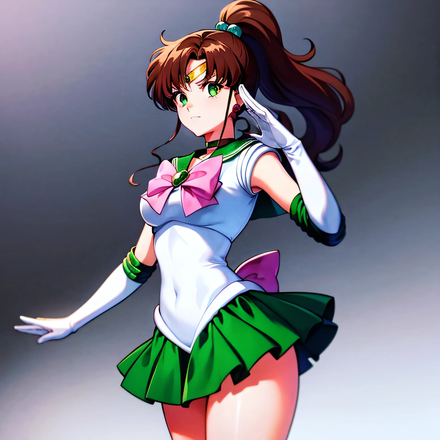 best quality, high resolution, 1990s \(style\), retro artstyle, 1990s anime cels style, 1girl, sailor jupiter, perspective, (lying, on back, folded, legs up, hand on own legs:1.2), blush, embarrassed, open mouth, camel toe, sailor senshi uniform, medium breasts, green sailor color, elbow gloves, white gloves, green pleated skirt, pink ribbon, ponytail, (clothed:1.3), jewelry, earring