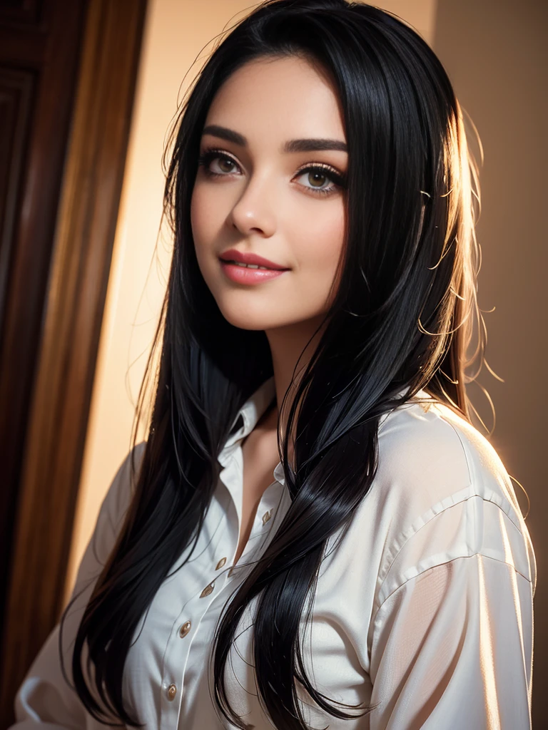 a smiling woman with long black hair, wearing a white shirt, beautiful detailed eyes, beautiful detailed lips, extremely detailed eyes and face, long eyelashes, elegant pose, warm lighting, photorealistic, 8k, high quality, detailed painting, oil painting, masterpiece, soft, delicate, natural colors, cinematic, dramatic lighting