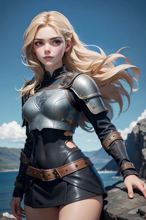 An illustrated movie poster, hand-drawn, full color, a viking 22 years old shield-maiden girl, runners slim body, thin face, wearing a typical female warrior armor costume, mainly leather with metal bits, heavy leggings and boots , she has pale skin, freckles, blue-grey eyes, light blonde long braided hair, waist-length hair, posing on a rock, hard shadows, graphite shading, stencil marks, airbrushed acrylic paint, masterpiece, in the style of Vikings series, Norwegian Fjord in the background