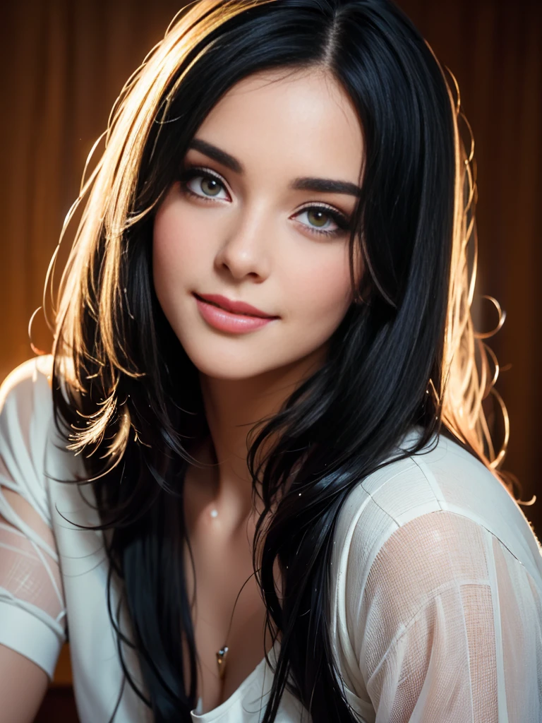 a smiling woman with long black hair, wearing a white shirt, beautiful detailed eyes, beautiful detailed lips, extremely detailed eyes and face, long eyelashes, elegant pose, warm lighting, photorealistic, 8k, high quality, detailed painting, oil painting, masterpiece, soft, delicate, natural colors, cinematic, dramatic lighting