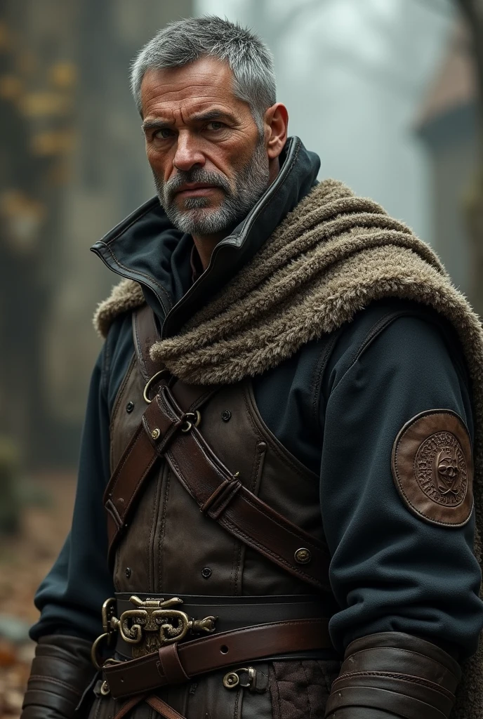 tall thin 40 year old man evil villain, half of the face is decomposed and very rotten showing the larvae, showing some of the bones, Wearing medieval clothes, Snow Background, and houses on fire, lots of background fire, realisitic