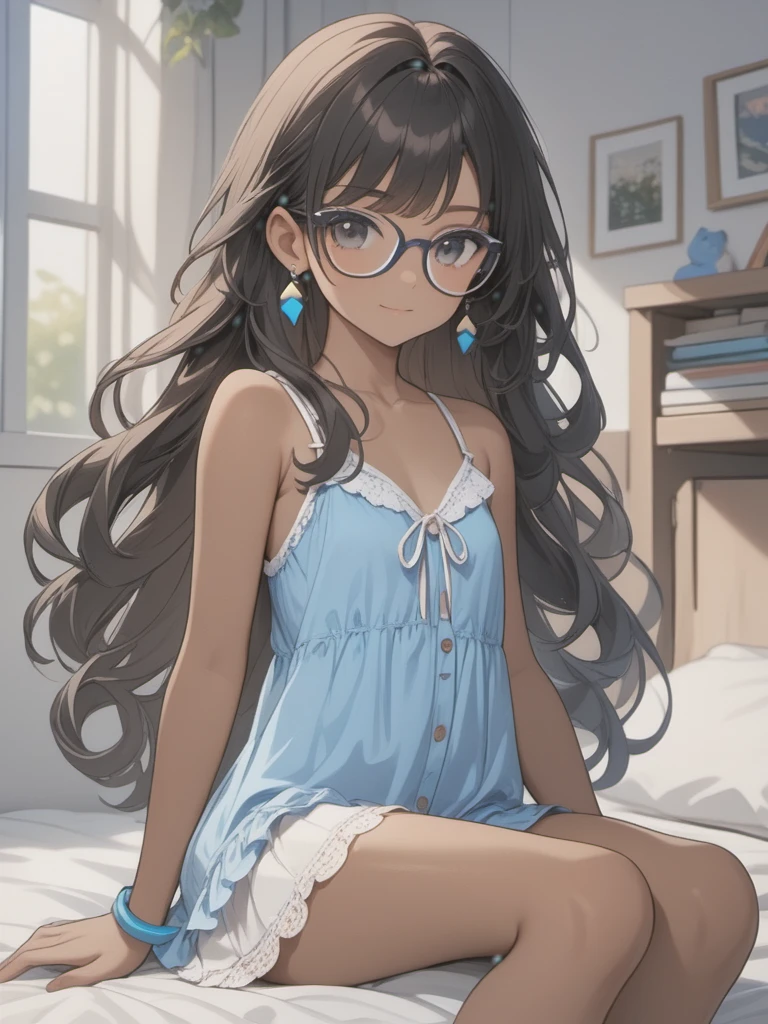 (((Adult trans woman)): (clothes with trans flag colors(white, blue, pink), babydoll miniskirt, lace sleeveless, black eyes, ((brown skin)), dark skin, showing the whole body, ((black hair, long wavy hair)),(High heel sandals ). Closed mouth )); full body shot, cute smile ((Sitting on bed)), Playing videogame, holding a joystick in hands, bedroom background. High quality. 4k, 8k, many details. Masterpiece, accurate, anatomically correct, posing, detailed background, better quality, original work Focus on details, Front view, earrings,  wind blowing through window, eye glasses, cute makeup, chibi girl 