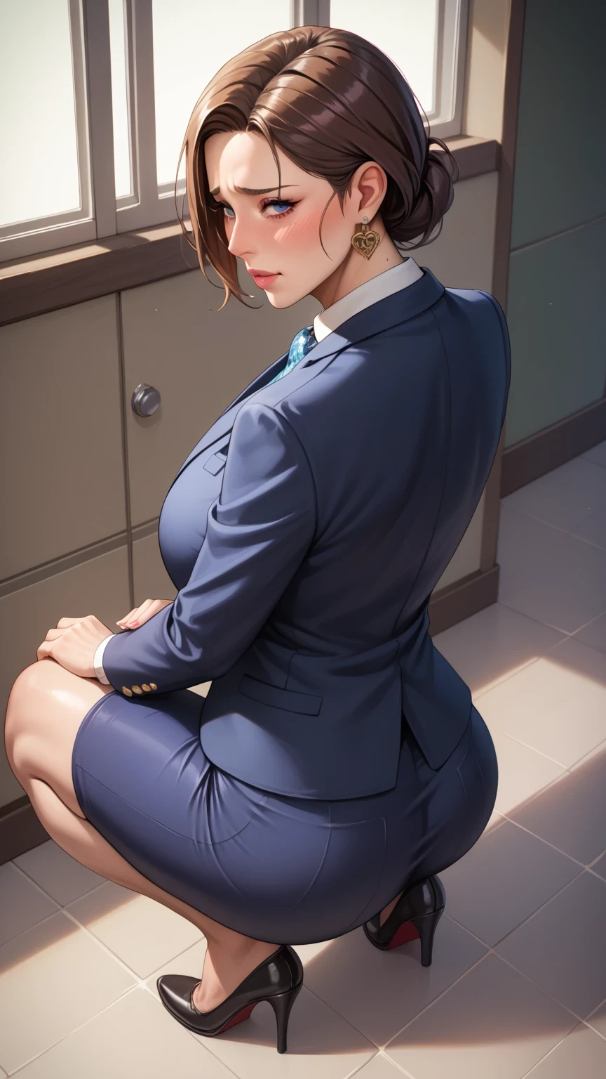 Score_9, Score_8_up, Score_7_up, Score_6_up, Score_5_up, Score_4_up, Source_anime, Tag1, Tag2, Best quality, High quality, Detailed, High resolution, 8k, Ultra high res, Soft saturation, Professional quality, Perfect contrast, Perfect litthing, Anatomically correct, Huge breasted, Wide hips, Gargantuan butt, Sensual woman, mature female, milf, motherly, Embarrassed, shy, seductive BREAK high-angle view, fully clothed, Squatting, leaning back
