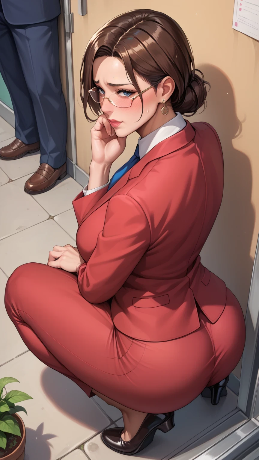 Score_9, Score_8_up, Score_7_up, Score_6_up, Score_5_up, Score_4_up, Source_anime, Tag1, Tag2, Best quality, High quality, Detailed, High resolution, 8k, Ultra high res, Soft saturation, Professional quality, Perfect contrast, Perfect litthing, Anatomically correct, Huge breasted, Wide hips, Gargantuan butt, Sensual woman, mature female, milf, motherly, Embarrassed, shy, seductive BREAK high-angle view, fully clothed, Squatting, leaning back