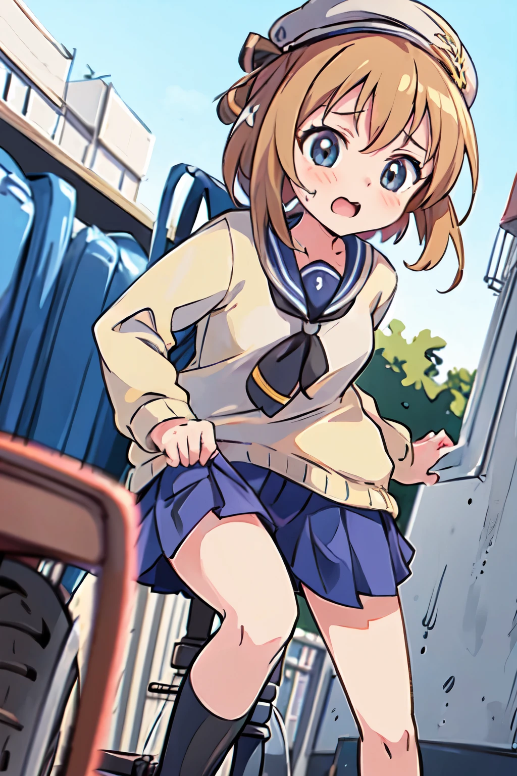 anime girl in a blue hat and school uniform riding a bicycle, the anime girl is running, in style of kyoto animation, anime visual of a cute girl, anime cgi style, kyoto animation, young anime girl, smooth anime cg art,  kyoto animation still, anime style. 8k, sayori, anime moe artstyle