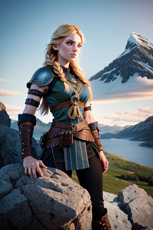 An illustrated movie poster, hand-drawn, full color, a viking 22 years old shield-maiden girl, runners slim body, thin face, wearing a typical female warrior armor costume, mainly leather with metal bits, heavy leggings and boots , she has pale skin, freckles, blue-grey eyes, light blonde long braided hair, waist-length hair, posing on a rock, hard shadows, graphite shading, stencil marks, airbrushed acrylic paint, masterpiece, in the style of Vikings series, Norwegian Fjord in the background