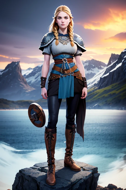 An illustrated movie poster, hand-drawn, full color, a viking 22 years old shield-maiden girl, runners slim body, thin face, wearing a typical female warrior armor costume, mainly leather with metal bits, heavy leggings and boots , she has pale skin, freckles, blue-grey eyes, light blonde long braided hair, waist-length hair, posing on a rock, hard shadows, graphite shading, stencil marks, airbrushed acrylic paint, masterpiece, in the style of Vikings series, Norwegian Fjord in the background