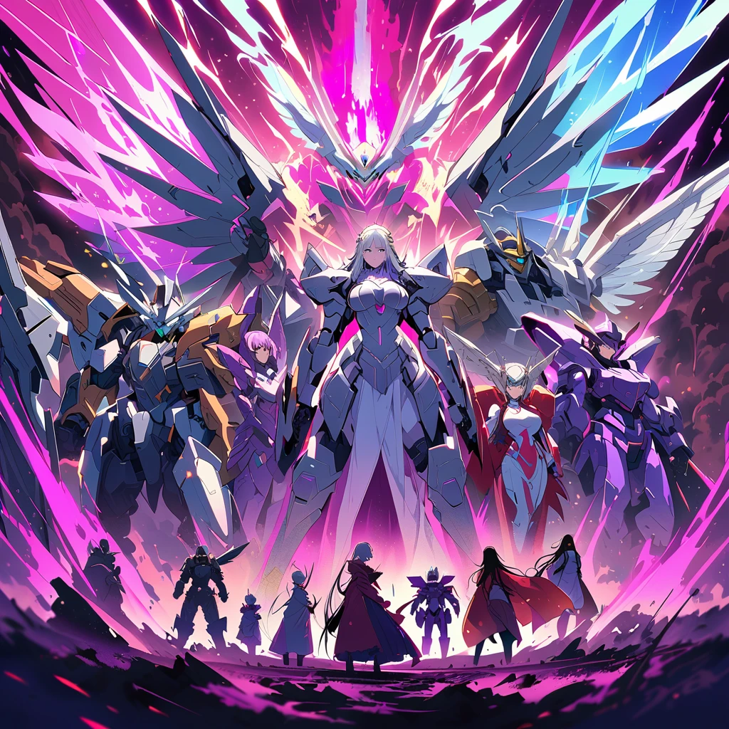 Anime, high detailed, multiple womans, mature womans, platinum-like mecha armor, large mechanical wings, large Gauntlet, serious, curvy body, long mechanical wings, mecha weapons、Colored armors、magenta Colored aura、BLUE Eyes, elongated pupils,  Mature Woman、magenta aura、womans surrounding, background a crumbled city