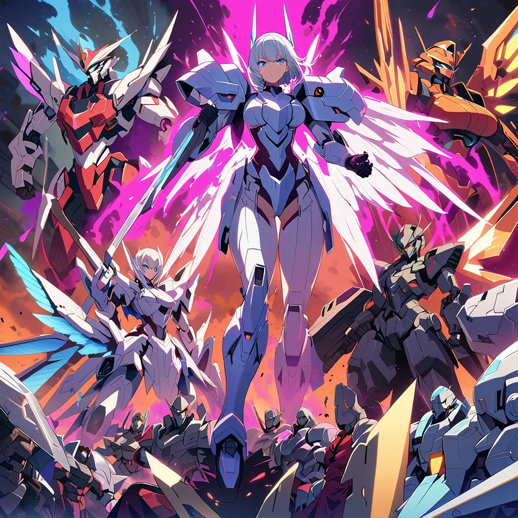 Anime, high detailed, multiple womans, mature womans, platinum-like mecha armor, large mechanical wings, large Gauntlet, serious, curvy body, long mechanical wings, mecha weapons、Colored armors、magenta Colored aura、BLUE Eyes, elongated pupils,  Mature Woman、magenta aura、womans surrounding, background a crumbled city