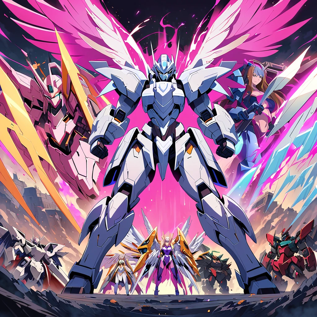 Anime, high detailed, multiple womans, mature womans, platinum-like mecha armor, large mechanical wings, large Gauntlet, serious, curvy body, long mechanical wings, mecha weapons、Colored armors、magenta Colored aura、BLUE Eyes, elongated pupils,  Mature Woman、magenta aura、womans surrounding, background a crumbled city