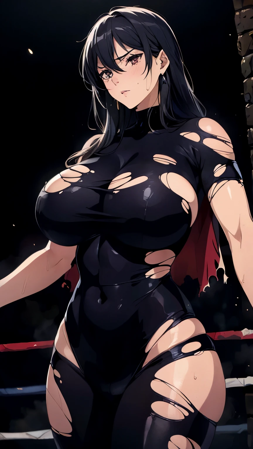 (((mature female))), woman spy, mom, older woman, 30yo, (very large breasts), hanging breasts, beautiful thighs, attractive waist, tall, moderate musculature, toned abdomen, beautiful navel, perfect body, sweat heavily, ((fight stance)), (dark swamp), dim lit, foggy, (((torn clothes))), skin revealing outfit, (assassins bodysuit), (torn bodysuit), earrings, almost naked, (nude), (finely detailed eyes and detailed face), sharp eyes, emotionless, cool, sharp features, badass, (milfication, gigantic breasts), Oda Non style LORA, (high quality), (masterpiece), detailed, realistic lighting added, pay attention to adjust the proportions,