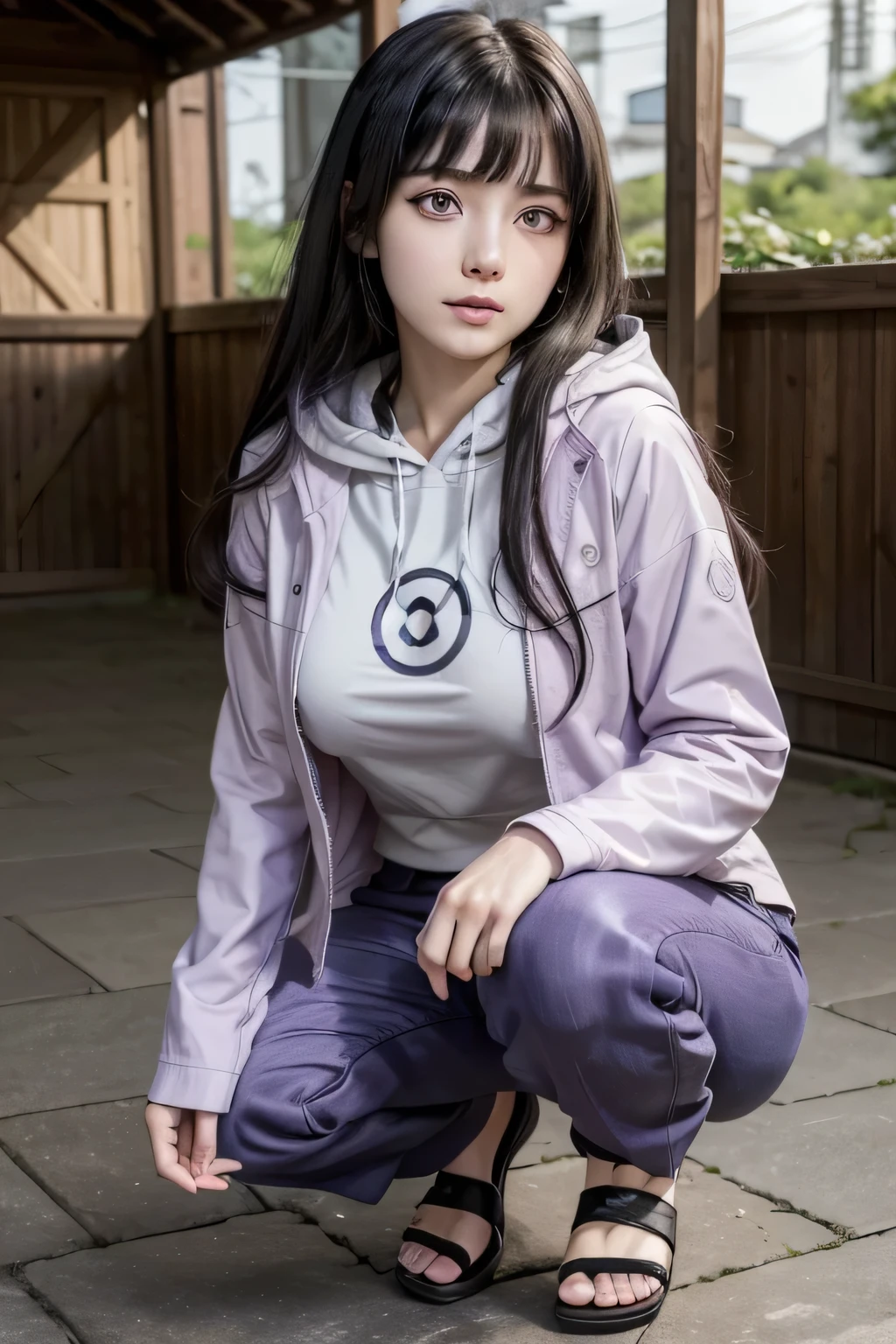 1 girl,Hyuuga Hinata,  long hair, black hair, curls,  blunt bangs, ojos morados, white eyes,light purple eyes, sin pupilas, forehead protector with Konohagakure symbol, long sleeves, Purple Jacket, hood down,  medium breasts , pants, Sandals, anime coloring ,In Konohagakure village.