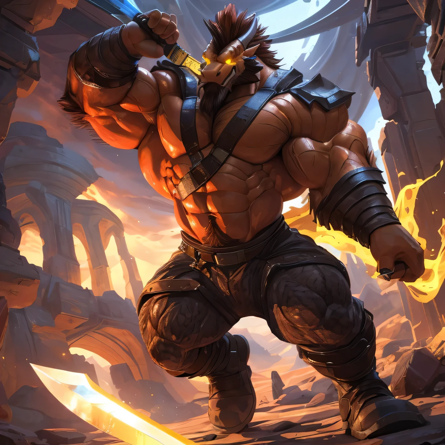 An anthropomorphic badass futuristic barbarian dragon (realistic, detailed, american shot, aesthetic physique, aesthetic proportions, 2 meters tall, thick large muscles, muscle mountain, well-built body, very hairy, very hairy arms, brown hair, orange body, dragon head (dragon head, brown thick full mustache, brown thick trimmed full beard, brown thick mohawk hairstyle, yellow glowing eyes, orange skin) orange skin, wears a futuristic brown armored barbarian pant, wears futuristic black barbarian boots, holds a sword in his right hand, attacking, jumping) attacking, jumping into combat, a sword in his right hand. There is white lights orbs in the air in futuristic ruins at night in the desert.