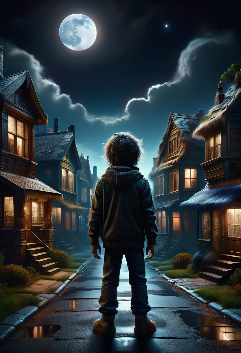 DonMH41rXL hyper detailed masterpiece, dynamic realistic digital art, awesome quality, majestic shadow over innsmouth, focused introspectionscape, foreboding bungalow atmospheric scattering, parallel universe, ,nocturnal, shrouded, avatars, neat, nostalgic, night scene. a boy stands in the middle of a street lined with houses. His back is facing the viewer. The moon is large in the sky. Inside the sky is the form of a werewolf. 