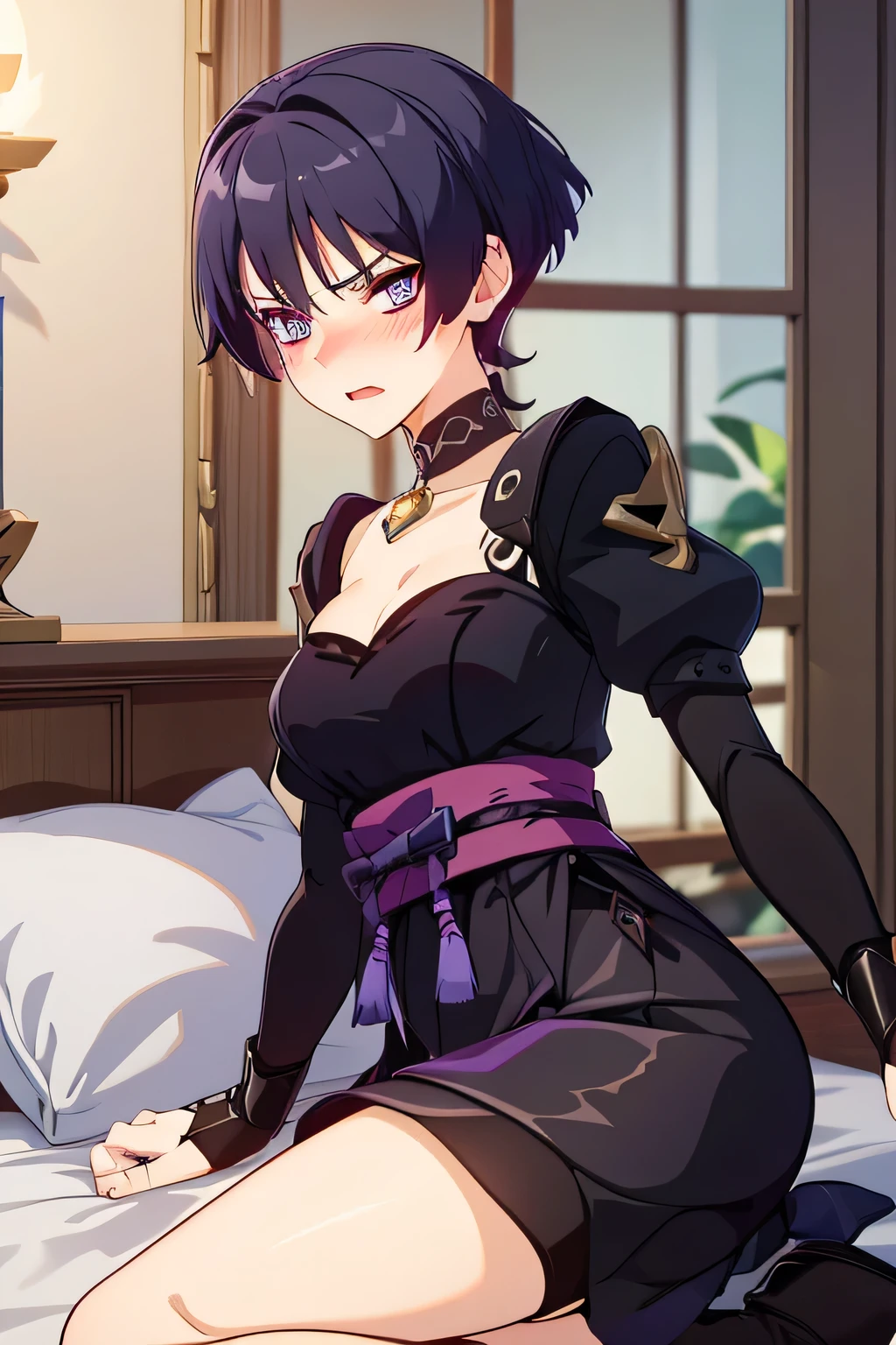 Scaramouche, 1 girl, Alone, short hair, blue hair, purple eyes DARK, brava, embarrassed, blushed, maid, In a room, lying in bed, legs wide open, at night, darker lights , Necessary, best quality, high quality, Blush, open mouth,  Slightly separated lips ,  Heart-shaped pupils ,  red makeup in the corner of the eyes, eyebrow frown/frowning look, embarrassed, bright pupils, heavy breathing, frown, irritated, Shame on the ears, Tsundere, pursed lips, Excited, eyes half open, Pupil dilation, sexy, Sensual, Showing the panties , Exaggerated, ANIME STYLE, 2D, perfect hand