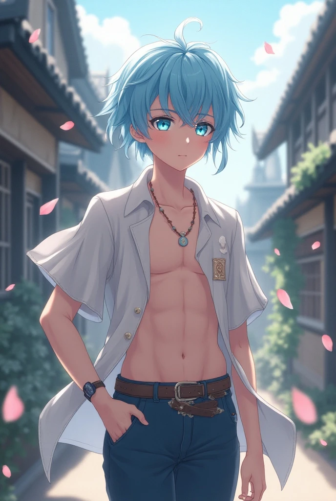 ((Best quality)), ((masterpiece)), (detailed), ((perfect face)), ((halfbody)) handsome face, male, teen boy, perfect proportions , a character from anime fairy tail, male version , hiro mashima art, detailed town background, detailed scenery background
