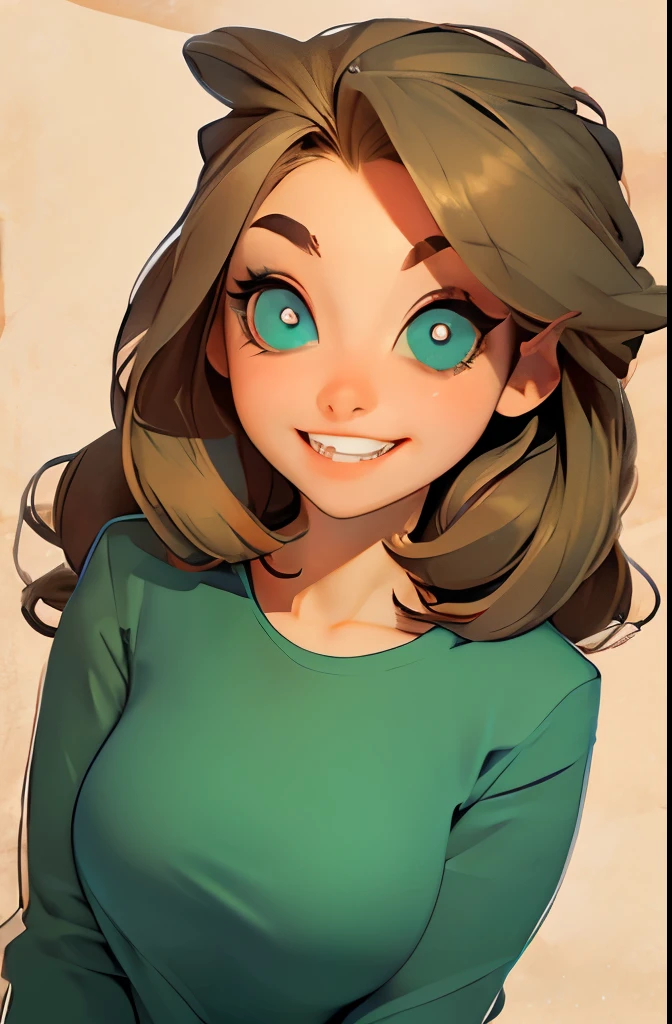 A stunning masterpiece of a high-res portrait of a beautifully detailed girl with long, shiny brown hair and mesmerizing green eyes, wearing a cozy sweater and flashing a gorgeous smile that accentuates her small yet perfectly-formed breasts.