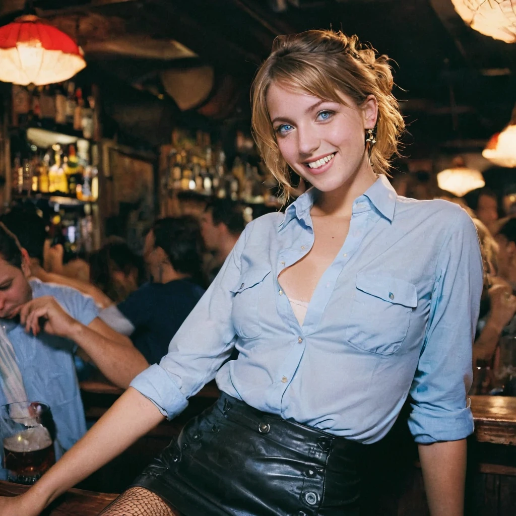 Source_photo, crowded parisian bar, female, button-up shirt, tight skirt, fishnets, boots, sexy smile, biting lower lip, pelvic curtain, long dangly earrings, relaxed, horny, backlit, (Deep Focus), contrast, (f_stop 2.8), (focal_length 35.0) f/2.8, 35mm focal length, blue eyes, Photograph of 21yo french girl, three-quarter portrait, analog photo, silhouette, spotlight, medium breasts, dark blonde, perfecteyes, coy smile, highly detailed face, highly detailed eyes, ultra detailed sweaty dirty skin, fancy updo bob, piercing eyes, eyes squinted, sc3n3ry, RAW candid cinema, 16mm, color graded portra 400 film, remarkable color, ultra realistic, captured on a (Fujifilm X-Pro3) / (f_stop 16.0), (focal_length 24.0),