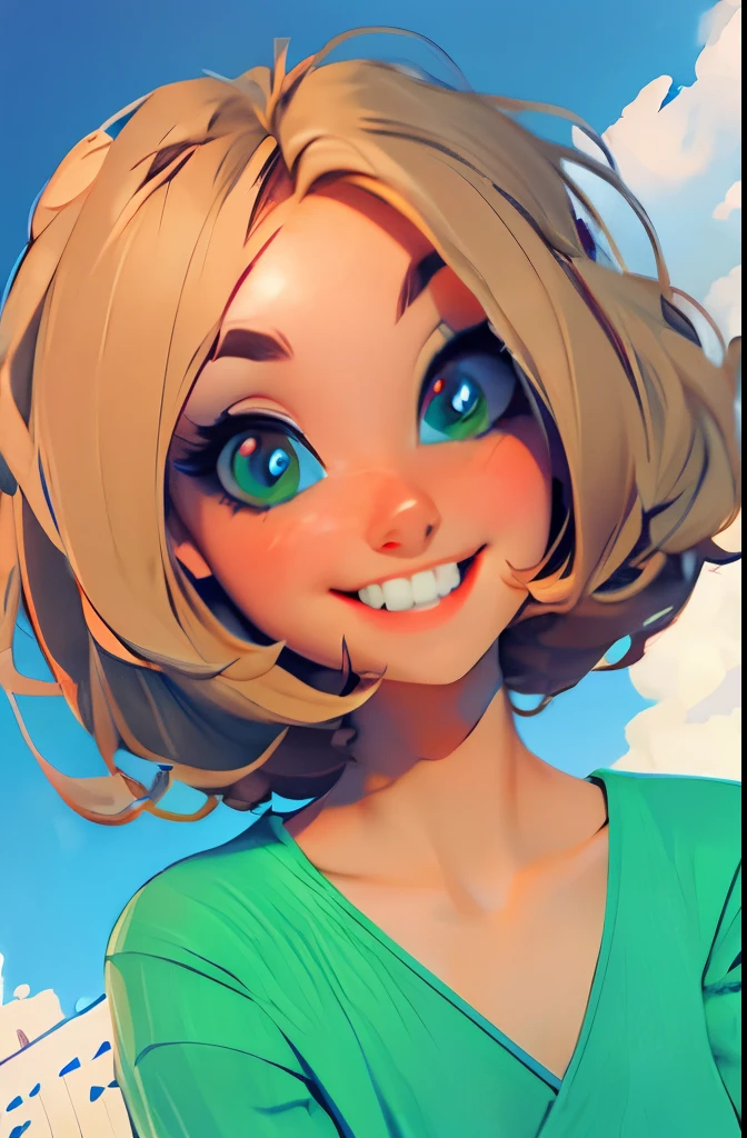 Pixel Art pixelated pixel pixel , extremely content happy smile , + / A fit green haired woman on vacation enjoying the local party scene in Los Angeles at dawn