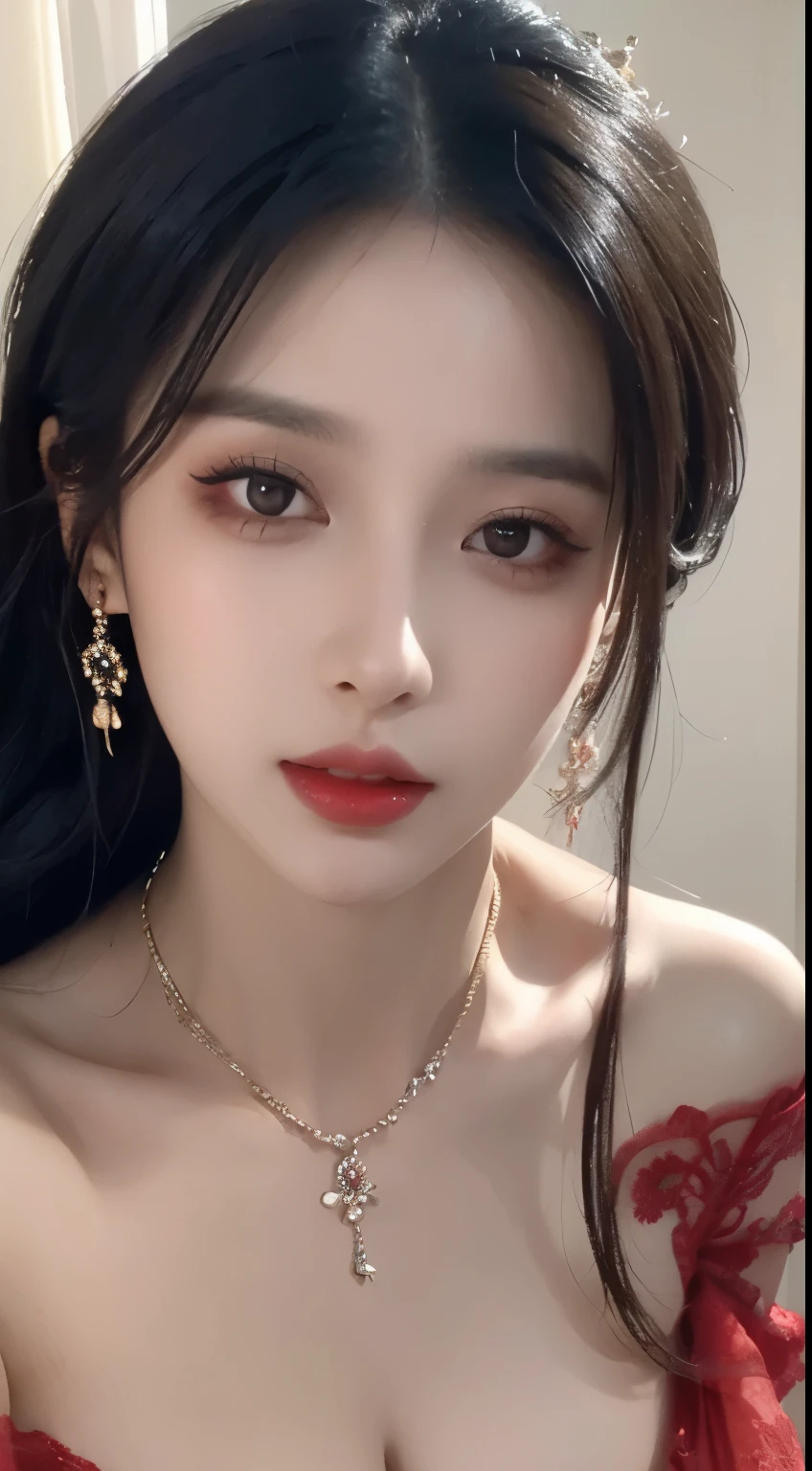 1 realistically beautiful girl, waist length hair, black eyes, ancient Ao Dai, style hanfu, wearing a thin silk shirt of ancient China, pink and smooth white skin, wearing a discreet ancient style ao dai, appears shoulders and head in the photo, plump red lips, pout, mouth shut, embarrassed, small face makeup detailed and very beautifull, The breasts are super round and tight, breast augmentation, blum boobs, Cover the girl's chest with a camisole inside, blush, from front, wear earrings, necklaces, from above, looking at viewer, upturned eyes, full body, masterpiece, top quality, best quality, official art, unity 8k wallpaper, highres, ultra-high res, ultra-detailed, (photorealistic:1.2), alone, solo, Only 1 girl, style hanfu Dunhuang, 10x pixels, super realistic, ultra high quality, full body view of the girl, upper body,