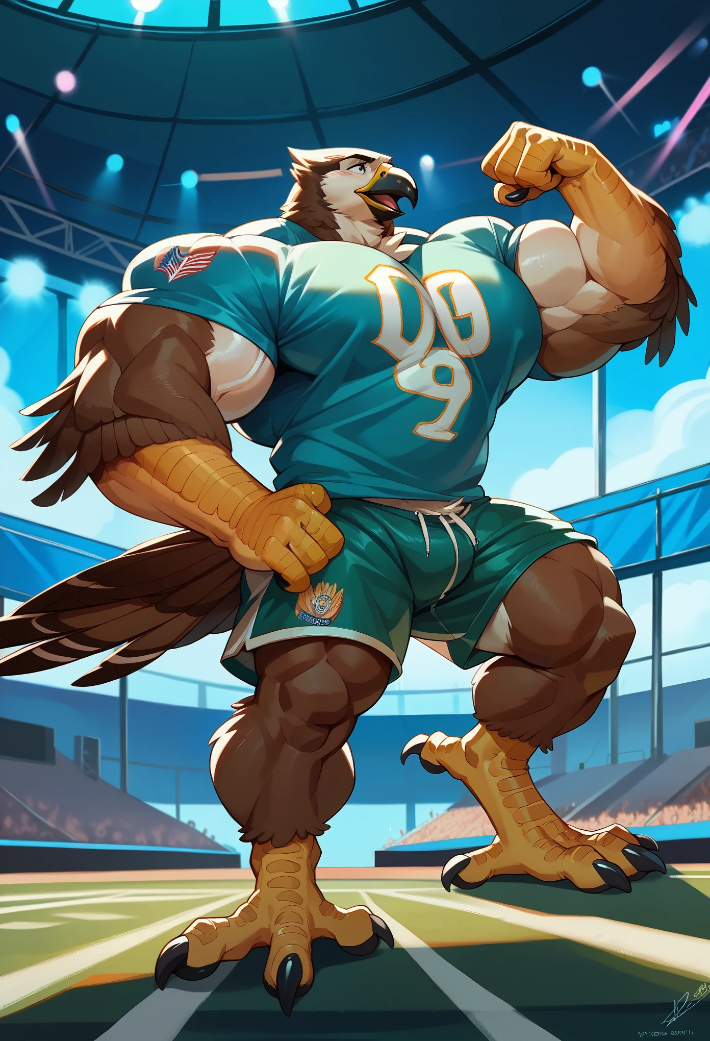 detailed, muscle hawk, (((hawk))), avian, furry, ((thick, muscular, hypertrophy)), male, brown feathers, claws, (extremely broad shoulders), huge thick muscles, ((little definition)), ((massive pecs, huge back)), anatomically correct, ((outdoors, concert stadium, green beach shorts, white t-shirt)), flexing