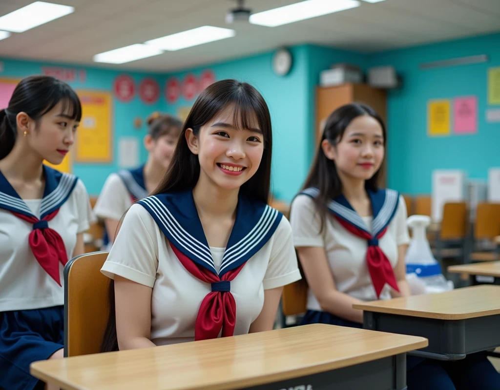 (masterpiece, best quality:1.2), multiple girls ,((huge big breasts boobs size , big chest )), wearing sailor uniform, sitting in the classroom with friends, view from cctv camera at the corner of the classroom , vibrant colors, photorealistic, highly detailed