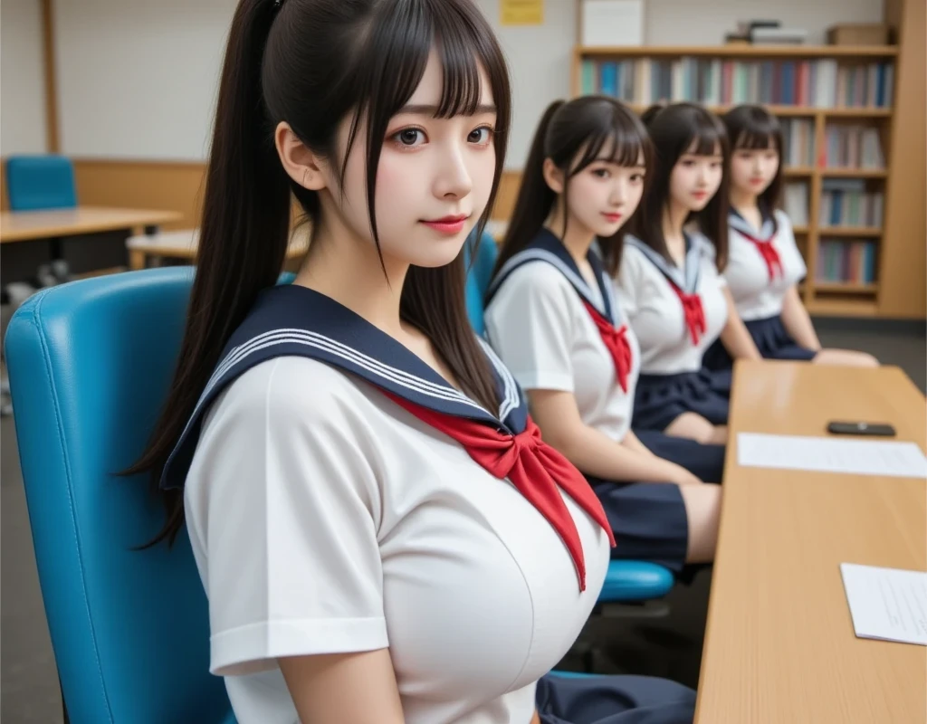 (masterpiece, best quality:1.2), multiple girls ,((big breasts, boobs size , big chest )), wearing sailor uniform, sitting in the classroom with friends, view from cctv camera at the corner of the classroom , vibrant colors, photorealistic, highly detailed