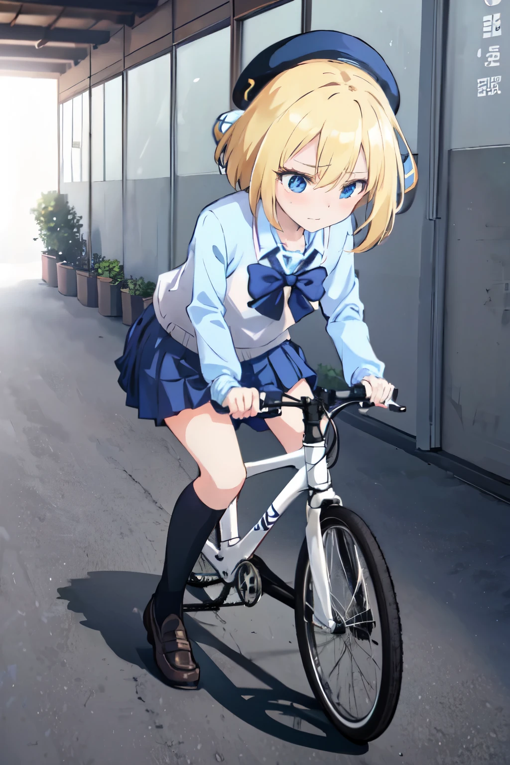 anime girl in a blue hat and school uniform riding a bicycle, the anime girl is running, in style of kyoto animation, anime visual of a cute girl, anime cgi style, kyoto animation, young anime girl, smooth anime cg art, anime girl walking on water, kyoto animation still, anime style. 8k, sayori, anime moe artstyle