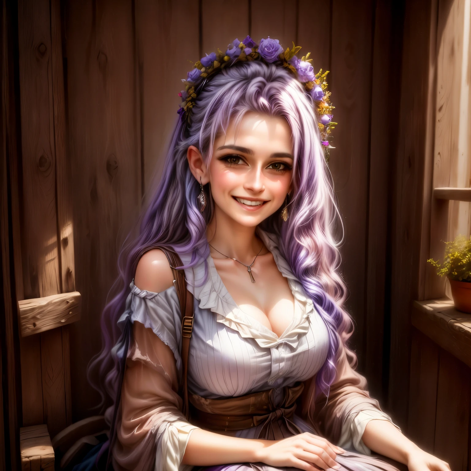 there is a woman with a purple hair band smiling, in a oil painting style, a colorized photo, colorized photo, post processed denoised, coloured photo, colored photo, 16k upscaled image, colourized, portrait photoreal, colorized photograph, in the style of an oil painting, airbrush digital oil painting, retouched in photoshop
