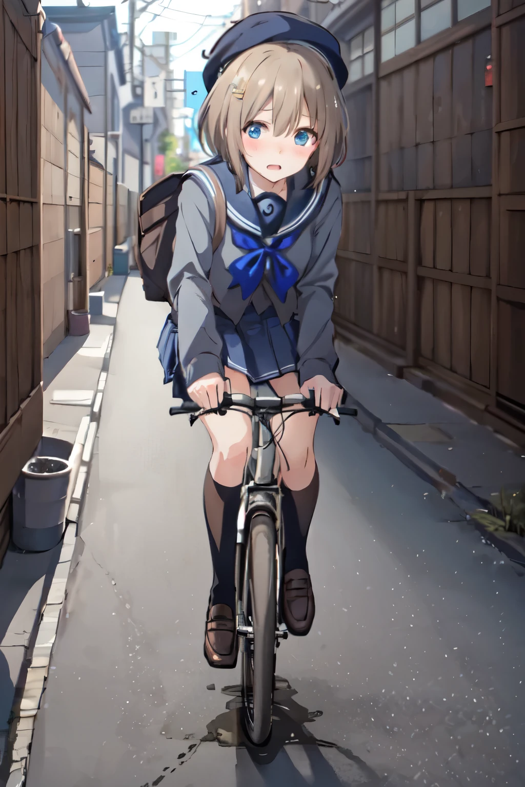 anime girl in a blue hat and school uniform riding a bicycle, the anime girl is running, in style of kyoto animation, anime visual of a cute girl, anime cgi style, kyoto animation, young anime girl, smooth anime cg art, anime girl walking on water, kyoto animation still, anime style. 8k, sayori, anime moe artstyle