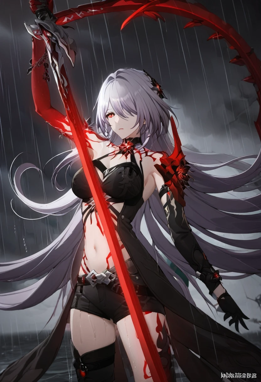 ((masterpiece)),((Best Quality)), high res,Extremely detailed CG, perfect lighting,8K wallpaper,One Girl, Acheron \(red type\) \(honkai: star rail\)White purple hair,Very long hair,Red eyes,Watch the audience,black sea 水,rain,、 holding a sword 、Dark Background
