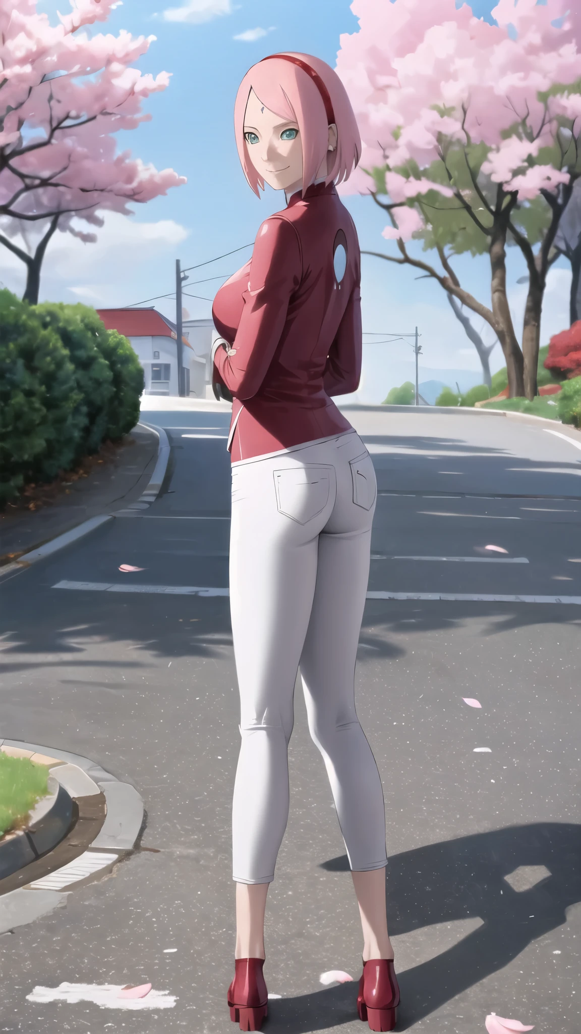 xyzviolet, 1girl, long hair, beautiful, masterpiece, full body, standing, outdoors, black off shoulder crop top, long sleeves, high heels, bottomless, BSP, (pussy:1.2)