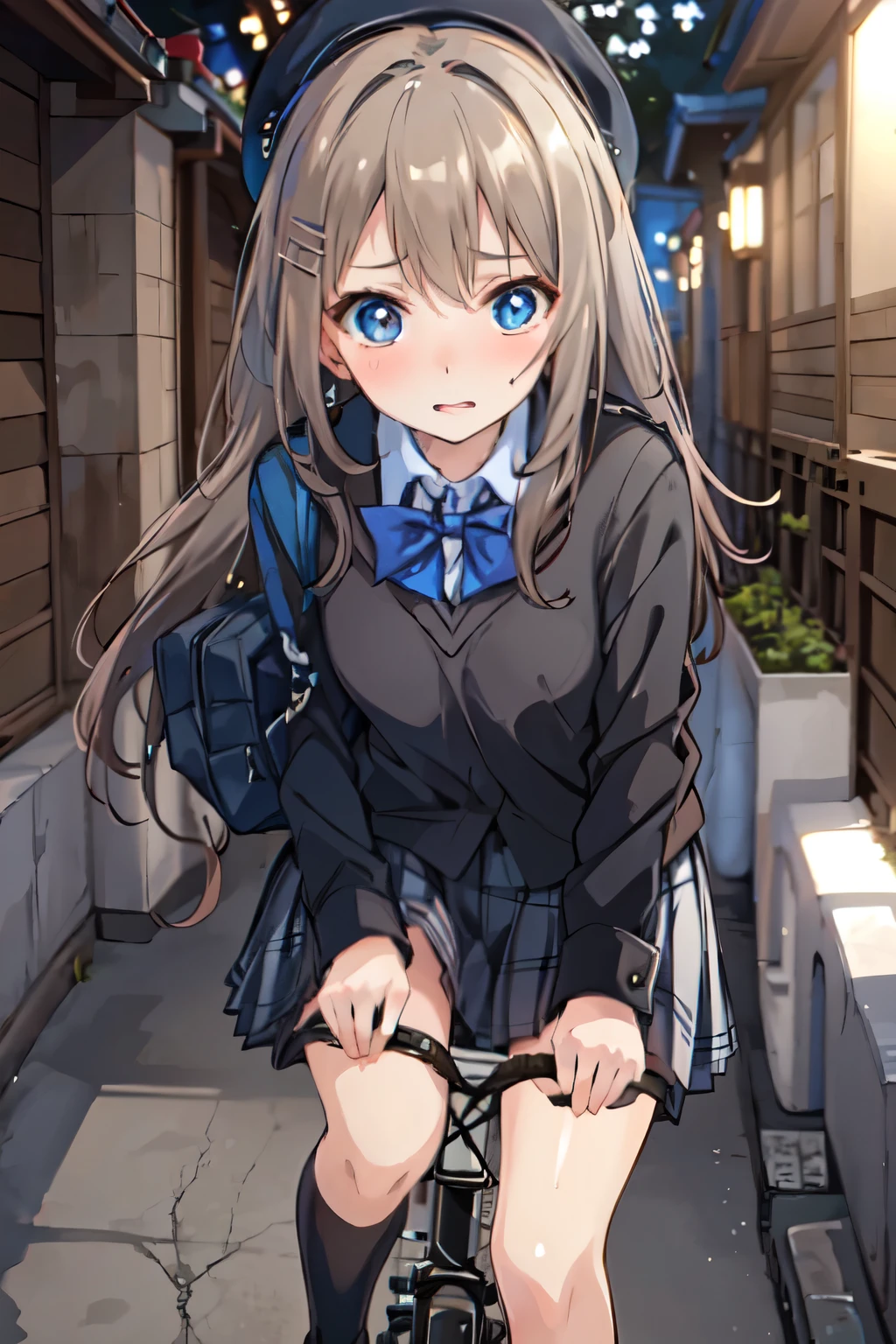 anime girl in a blue hat and school uniform riding a bicycle, the anime girl is running, in style of kyoto animation, anime visual of a cute girl, anime cgi style, kyoto animation, young anime girl, smooth anime cg art, kyoto animation still, anime style. 8k, sayori, anime moe artstyle