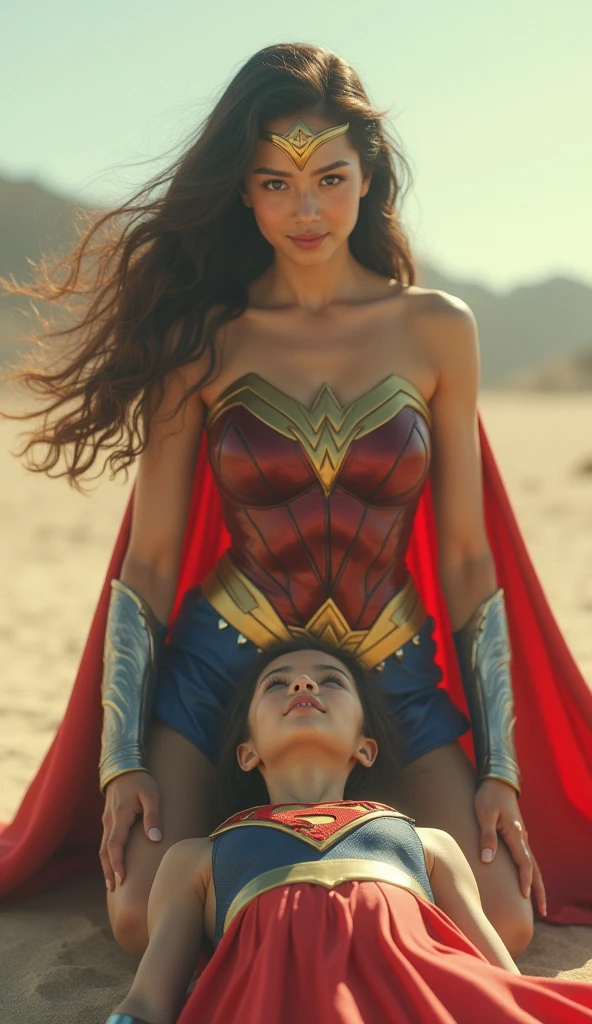 A realistic and detailed scene of a Wonder Woman, at dawn, trying to face her sleeping baby. She holds the baby on her lap as she looks out the window, contemplating the spectacle of the