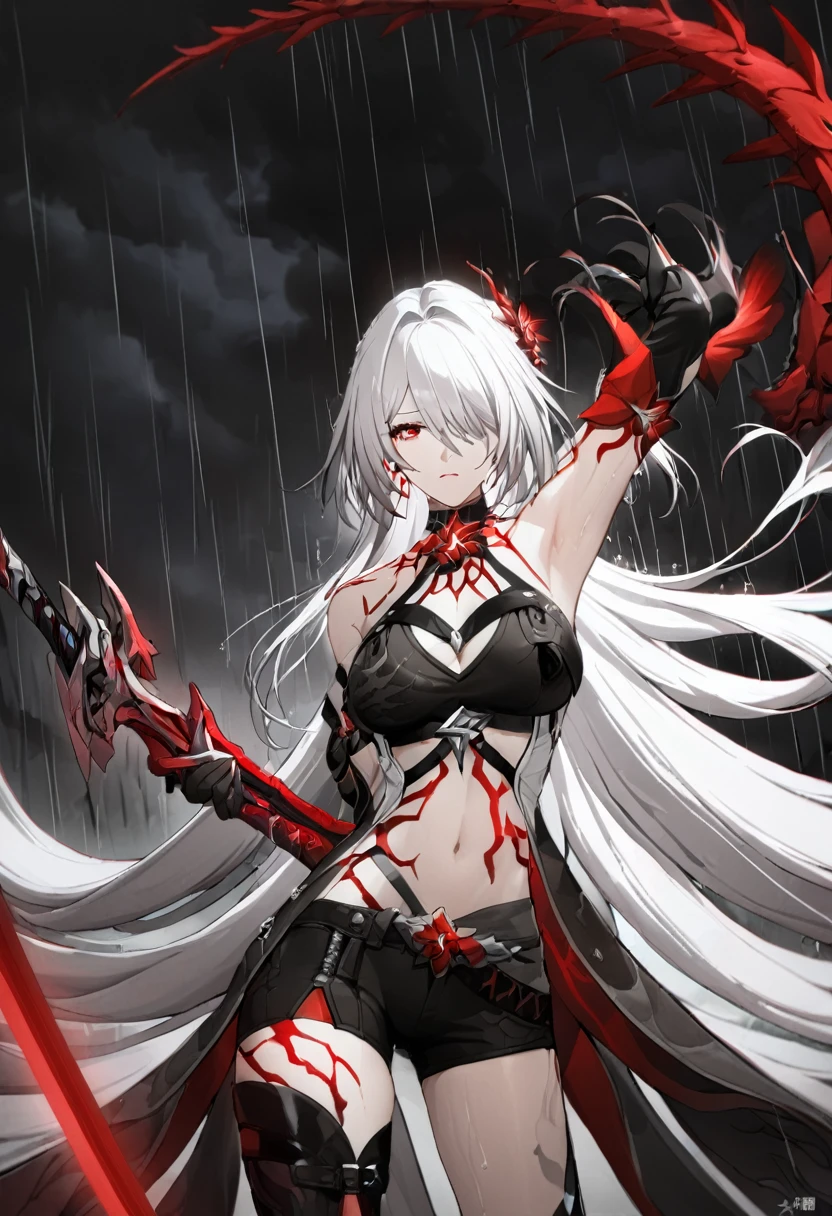 ((masterpiece)),((Best Quality)), high res, perfect lighting,8K wallpaper, cowboy shot,One Girl, Acheron \(red type\) \(honkai: star rail\)White Hair,Very long hair,Red eyes,Watch the audience,black sea 水,rain,、 holding a sword 、Dark Background,( very detailed eyes ), ( beautiful eyes), ((Highly detailed face)),
