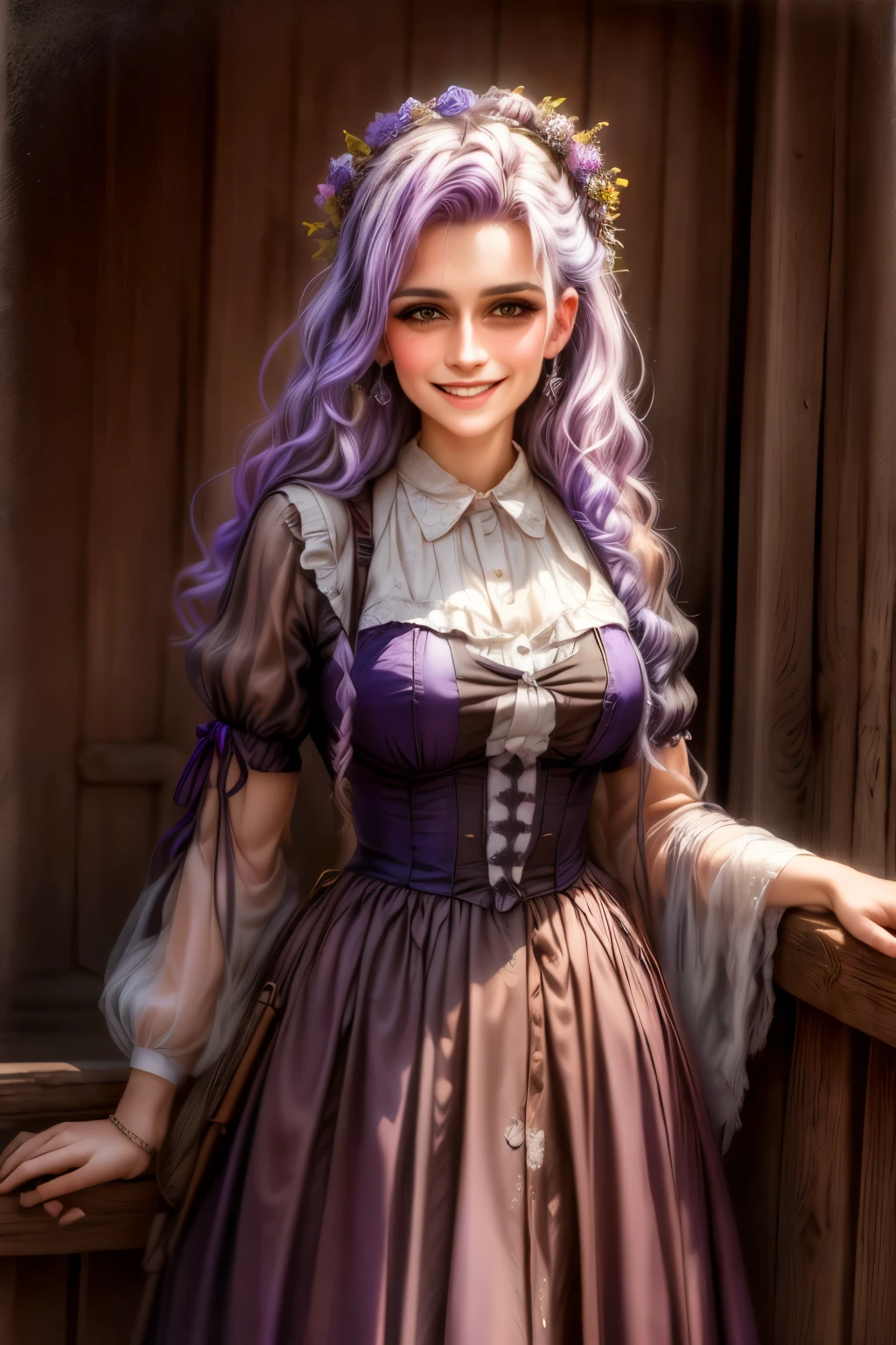 there is a woman with a purple hair band smiling, in a oil painting style, a colorized photo, colorized photo, post processed denoised, coloured photo, colored photo, 16k upscaled image, colourized, portrait photoreal, colorized photograph, in the style of an oil painting, airbrush digital oil painting, retouched in photoshop