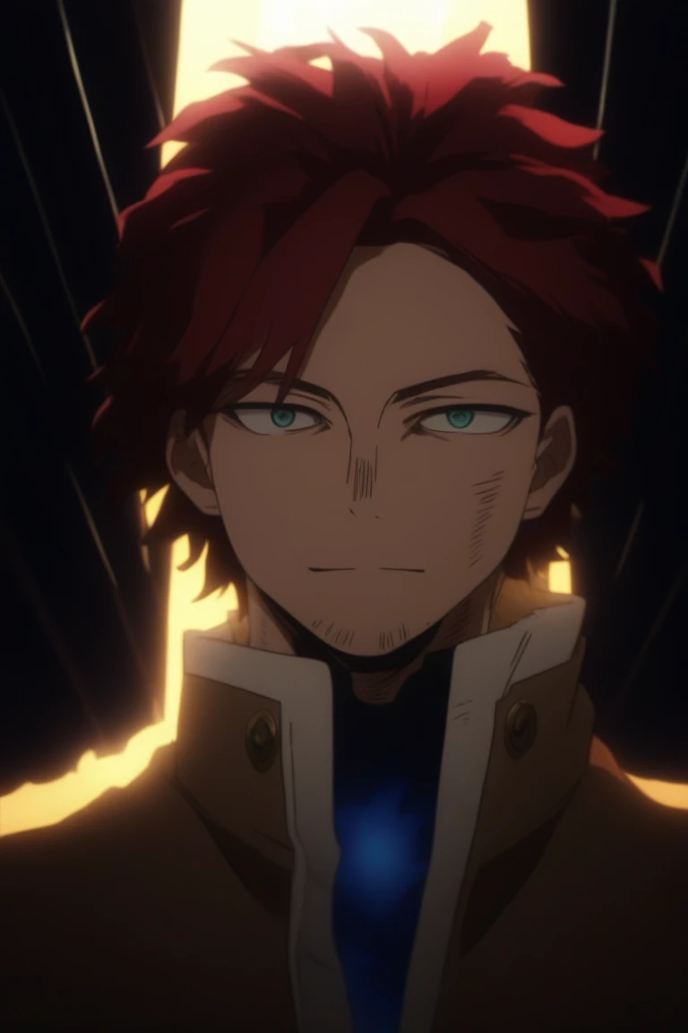  He's a 21 year old adult , has red hair, It looks like the hero Hawks , turquoise eyes something ,  He is dressed in a hero costume like the one in Endeavor from the anime "my hero academia" but with blue flames , happy face, 8K, High quality,  masterpiece, normal lighting, anime effect MHA , bright colors