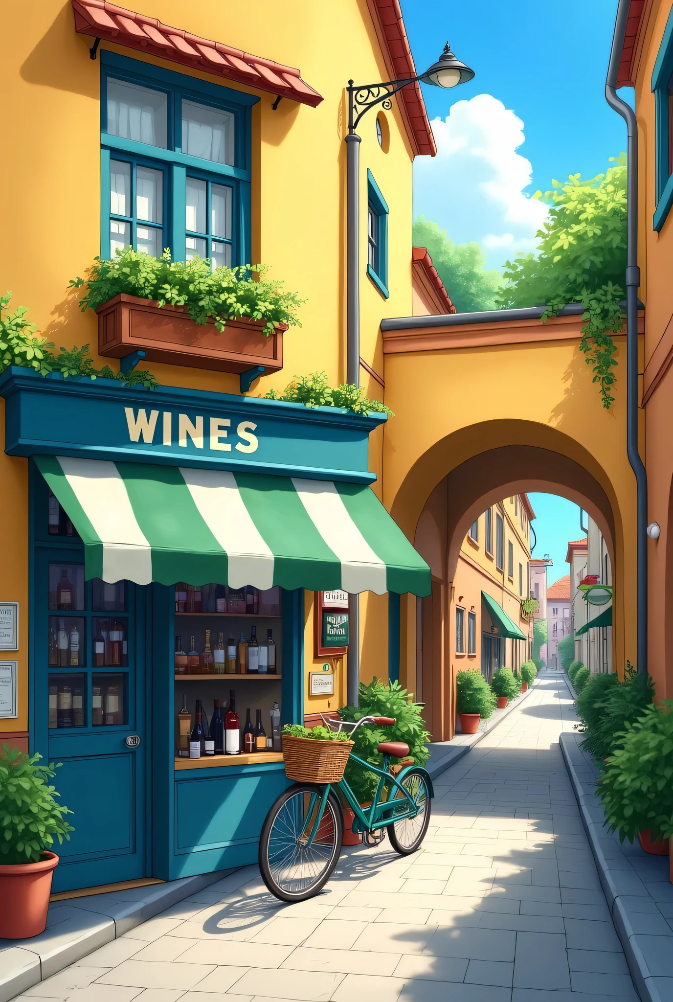 Detailed and vibrant anime illustration depicting  a charming street scene. The style is illustrative with a focus on rich colors and intricate details. The layout features a narrow street with buildings on either side, showcasing a variety of storefronts. The central subject is a wine shop with a blue facade and a green and white striped awning. Above the shop, there is a window with a flower box filled with greenery. The building walls are painted in warm yellow tones, giving a rustic appearance. To the right, an archway leads to another street. The scene includes a bicycle leaning against a wall. The overall atmosphere is lively and inviting, capturing the essence of a quaint neighborhood. Hayao Miyazaki, Hiroshi Nagai, Hergé and Studio Ghibli. High resolution, high cartoonish high intricate, ultra detailed, high quality, high sharpness, high contrast, beautiful, high octane render, high definition.