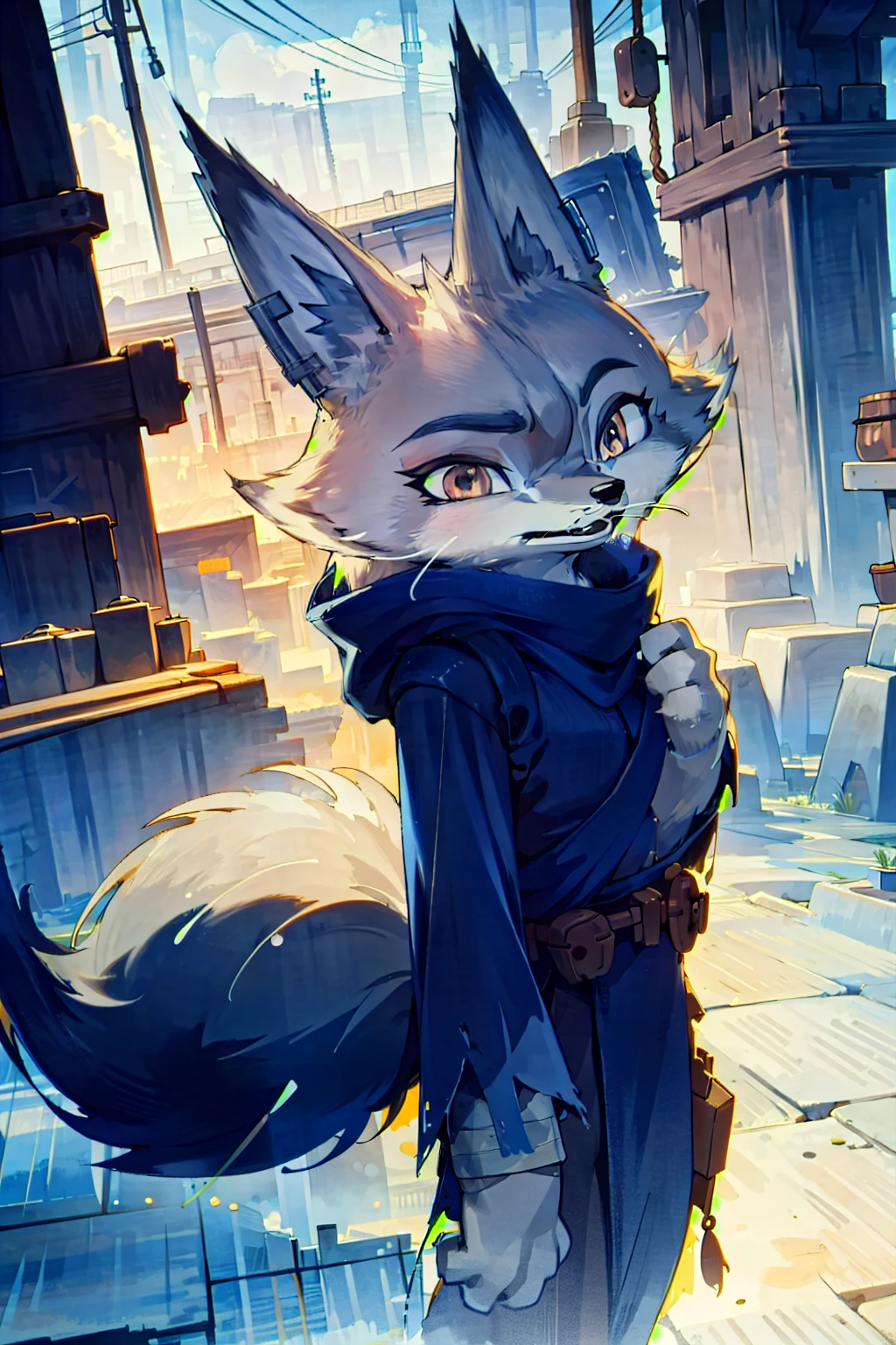 anthro, military, clothing , chest rig, military cargo jacket, hood, squting, boots, Zhen, grey, fox, furry, anthro wolf, cartoon, (solo), day, , faded, (neutral colors:1.2), (hdr:1.4), (muted colors:1.2), cinematic, warm lights, complex background, (dark shot:1.1), (full body:0.3), tradtional art, darkness, detailed eyes, detailed anatomy