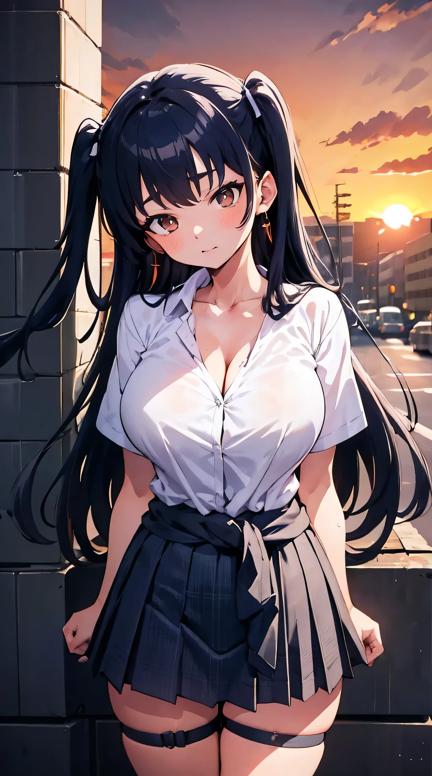 Yamada Anna, masterpiece, Best quality, 1 girl, 18 years, Big breasts, black hair, multicolored hair, bangs, one side up, long hair, brown eyes, hairclip, jewelry, earrings, medium breasts, gyaru, cleavage, collarbone, school uniform, white shirt, unbottened shirt, short sleeves, bow, blue skirt, plaid skirt, sweater around waist (street city background), (Sunset:1.2), hand behind your back, near the wall, Front View of Viewers., thigh strap, head tilt, bored, watery eyes,