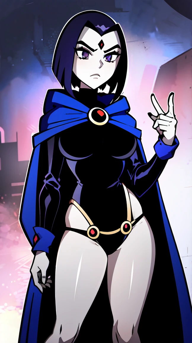 Raven from Teen Titans, standing in a dark, mystical setting with glowing violet and indigo energy swirling around her. Her dark cloak slightly opened, revealing her sleek, form-fitting outfit, accentuating her confident and mysterious aura. She gazes seductively with half-lidded eyes, her deep violet hair softly falling around her shoulders, illuminated by the glow of her powers. The background hints at shadowy arcane symbols and floating dark crystals, with a soft, ethereal glow outlining her figure. Her expression is calm but intense, her pose both powerful and graceful, with one hand outstretched, fingers crackling with magical energy. The atmosphere is dark and magical, with a soft yet sharp focus on her alluring features, blending mysticism with sensuality.