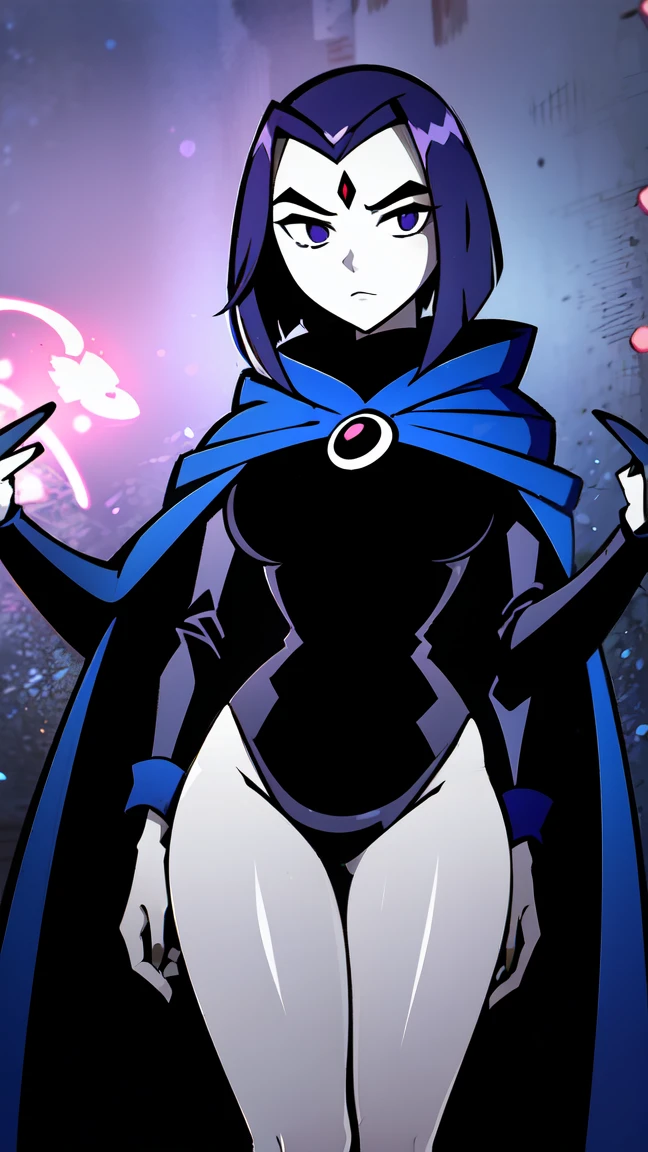 Raven from Teen Titans, standing in a dark, mystical setting with glowing violet and indigo energy swirling around her. Her dark cloak slightly opened, revealing her sleek, form-fitting outfit, accentuating her confident and mysterious aura. She gazes seductively with half-lidded eyes, her deep violet hair softly falling around her shoulders, illuminated by the glow of her powers. The background hints at shadowy arcane symbols and floating dark crystals, with a soft, ethereal glow outlining her figure. Her expression is calm but intense, her pose both powerful and graceful, with one hand outstretched, fingers crackling with magical energy. The atmosphere is dark and magical, with a soft yet sharp focus on her alluring features, blending mysticism with sensuality.