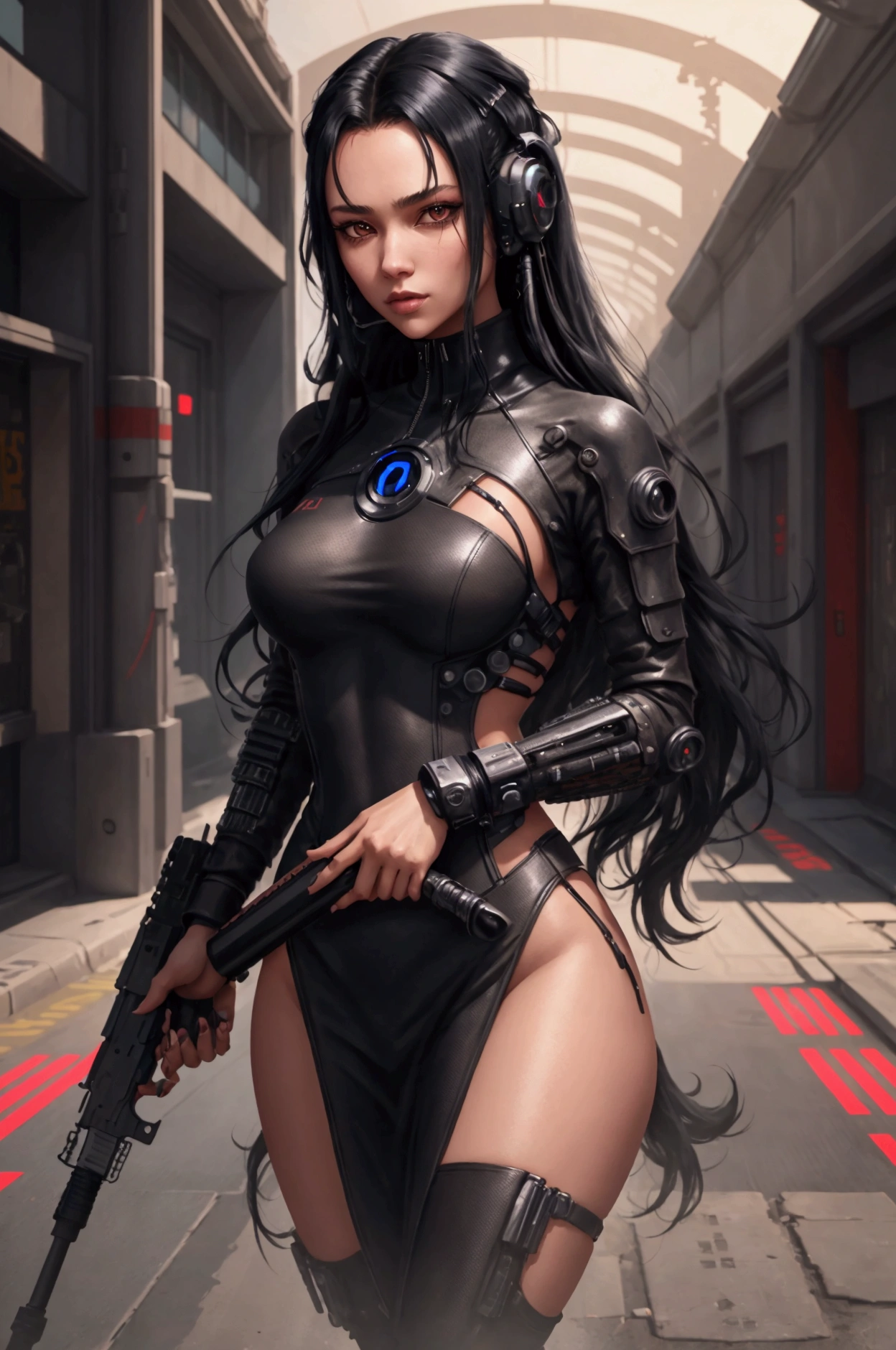  Woman traveling on a picturesque planet ,  with very long and loose black hair . With very clear and shiny eyes .  Wearing cyberpunk clothes and with a futuristic rifle.
