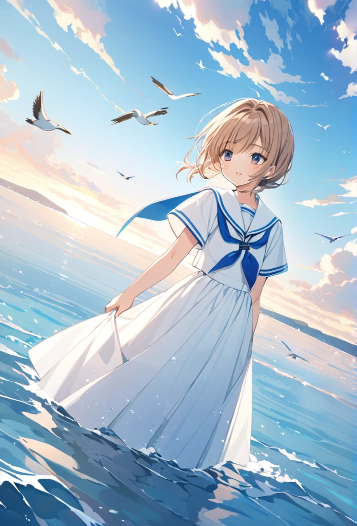 mizunashi akari, uniform, dress, white dress, Have, Sailor collar,Short sleeve,Cuff turn-up,two blue lines, Ocean, On the water, null, cloud, Outdoor, bird, Dutch Angle, long dress,A-line dress,blue line cape